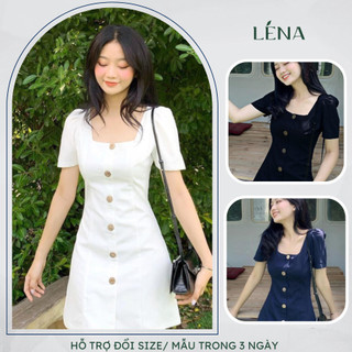 Đầm cổ vuông dáng chữ A 2 lớp tay phồng cổ vuông 6 nút gỗ LENA dự tiệc trẻ trung sang trọng - D2067