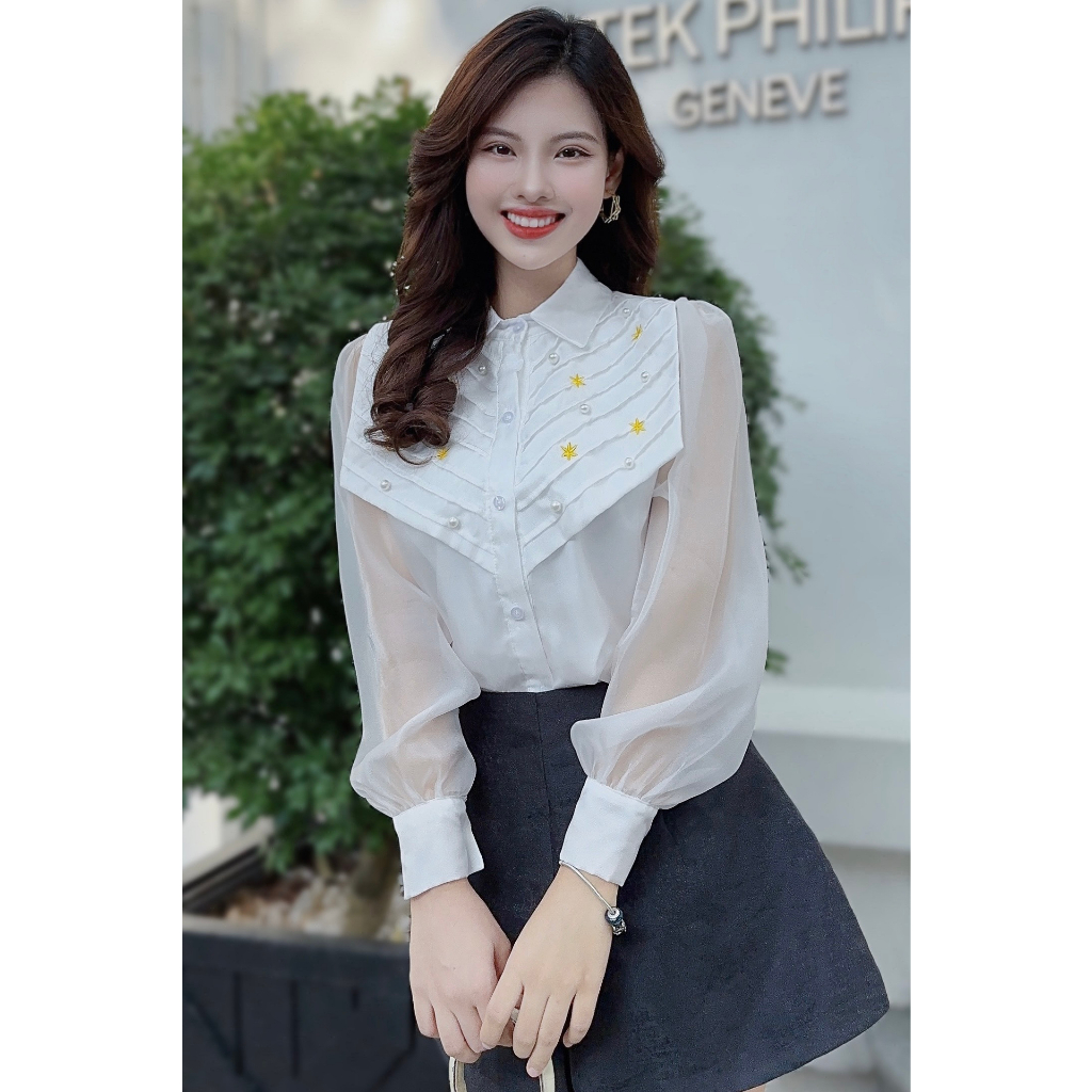 Áo sơ mi nữ công sở phong cách Hàn Quốc vải tơ cao cấp đính ngọc A338