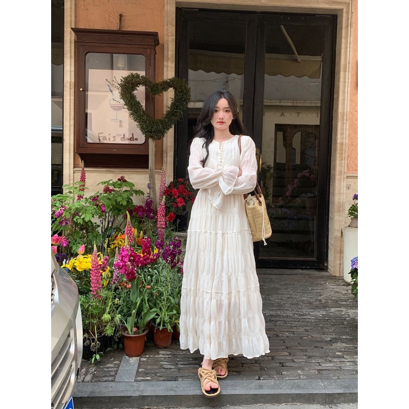 Na.Ha_Váy xuông dài cổ V dáng dài thắt eo tay xoè tiểu thư