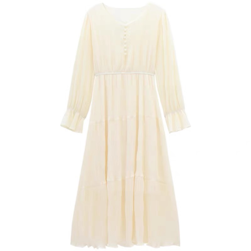 Na.Ha_Váy xuông dài cổ V dáng dài thắt eo tay xoè tiểu thư