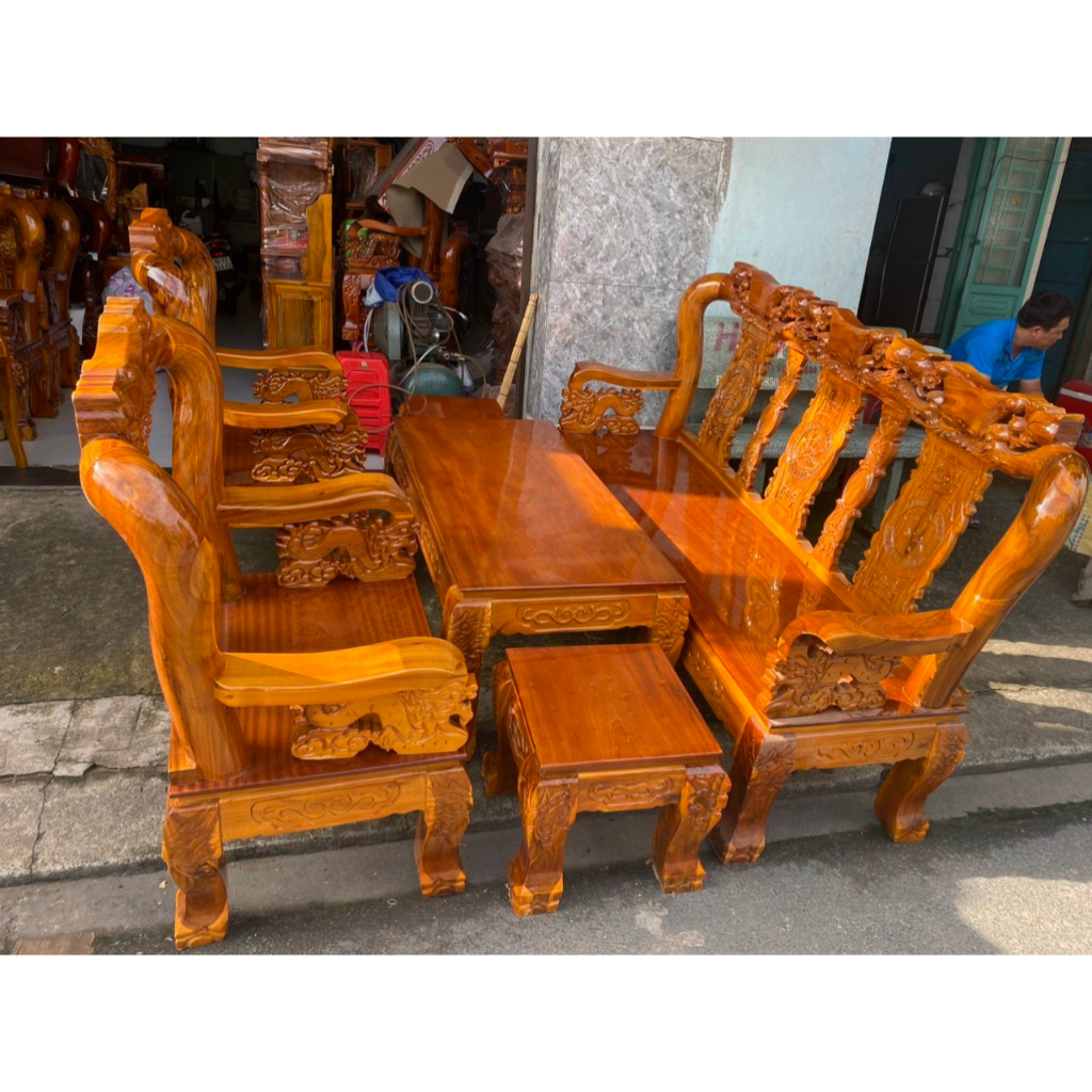 BỘ BÀN GHẾ PHÚC LỘC THỌ GỖ TRÀM BÔNG VÀNG TAY 10 76G ( FREESHIP,70 KM )