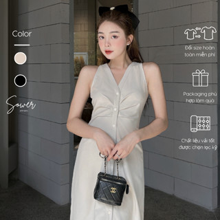 Đầm dài qua gối dáng sơ mi Sower cổ V xếp ly eo – Donna Dress