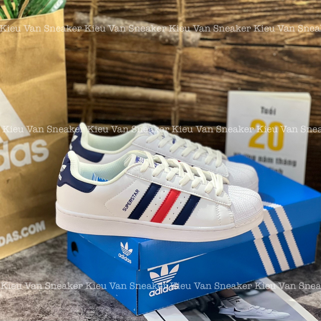 Giầy thể thao nam nữ sneaker ADIDAS SUPERSTAR trắng vạch xanh đỏ 3 màu full box