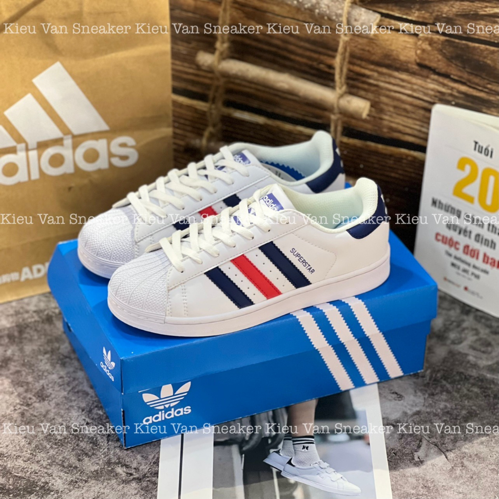 Giầy thể thao nam nữ sneaker ADIDAS SUPERSTAR trắng vạch xanh đỏ 3 màu full box