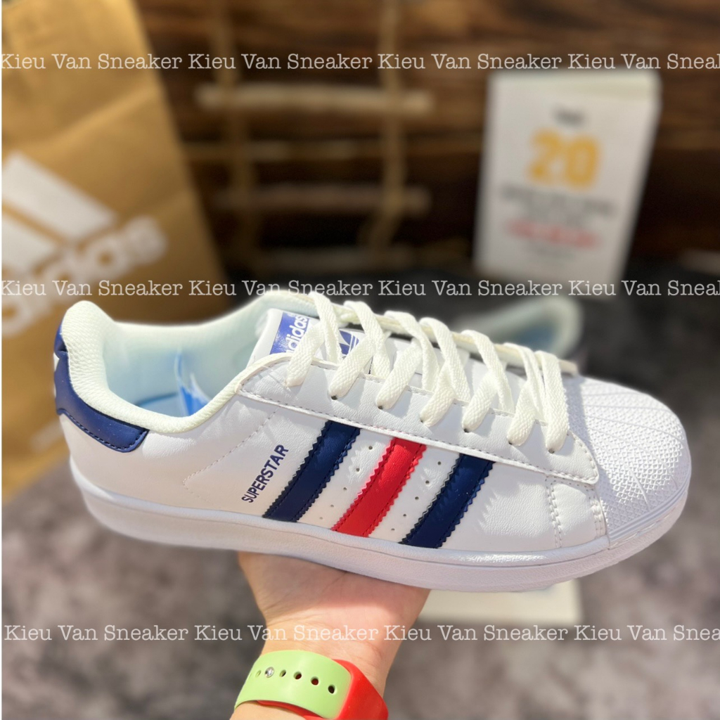 Giầy thể thao nam nữ sneaker ADIDAS SUPERSTAR trắng vạch xanh đỏ 3 màu full box