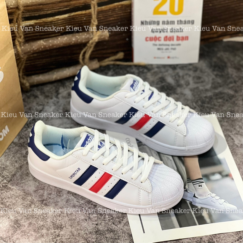 Giầy thể thao nam nữ sneaker ADIDAS SUPERSTAR trắng vạch xanh đỏ 3 màu full box