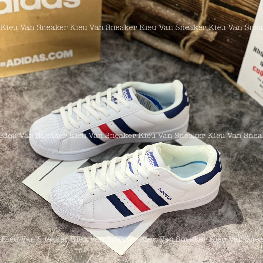 Giầy thể thao nam nữ sneaker ADIDAS SUPERSTAR trắng vạch xanh đỏ 3 màu full box