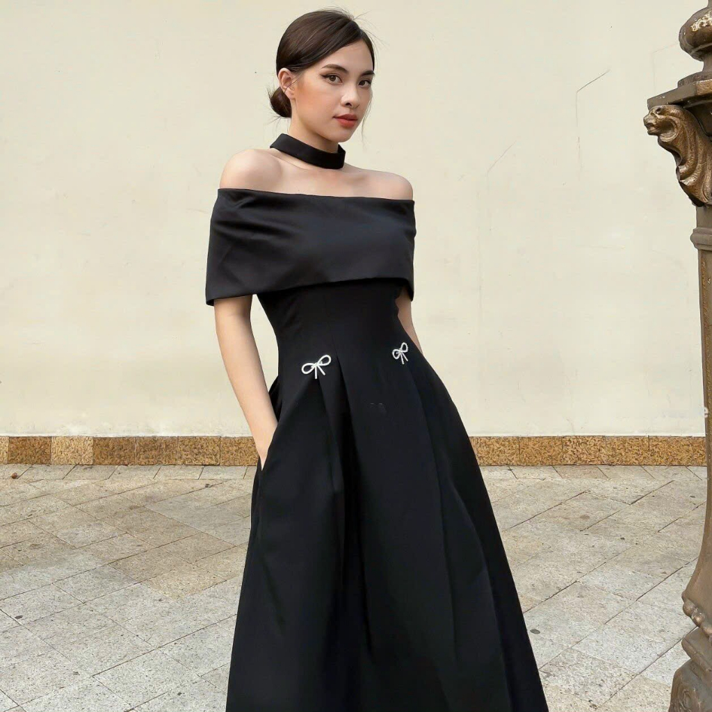 Đầm trễ vai dự tiệc xẻ tà joker cổ kèm 1 tag nơ đá sang trọng Melody Dress