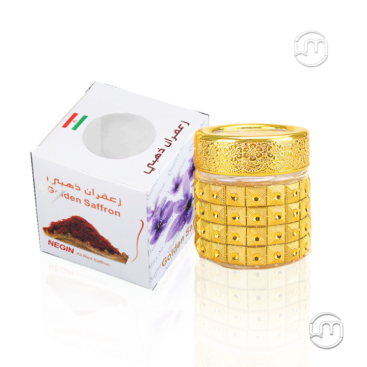 Bộ hộp giấy và hũ thủy tinh mạ vàng đựng saffron 3-5g TẶNG NHÍP GẮP NHỰA TRONG