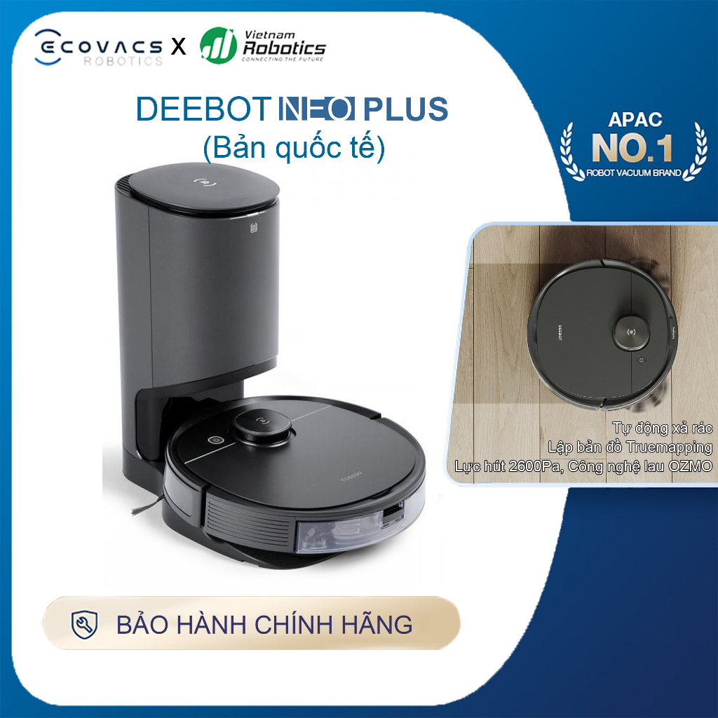 Robot hút bụi lau nhà Ecovacs Deebot NEO PLUS - Đen bản quốc tế - App Tiếng Việt, Hàng chính hãng full VAT