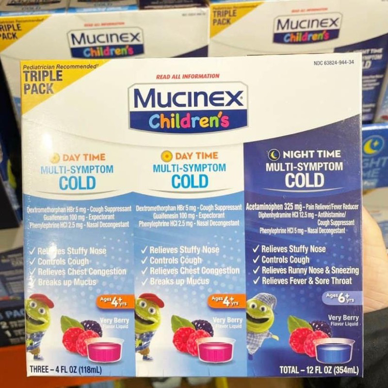 Set 3 chai Siro Mucinex Children’s Multi-Symptom Cold Day &amp; Night 118ml x3 chai MỸ