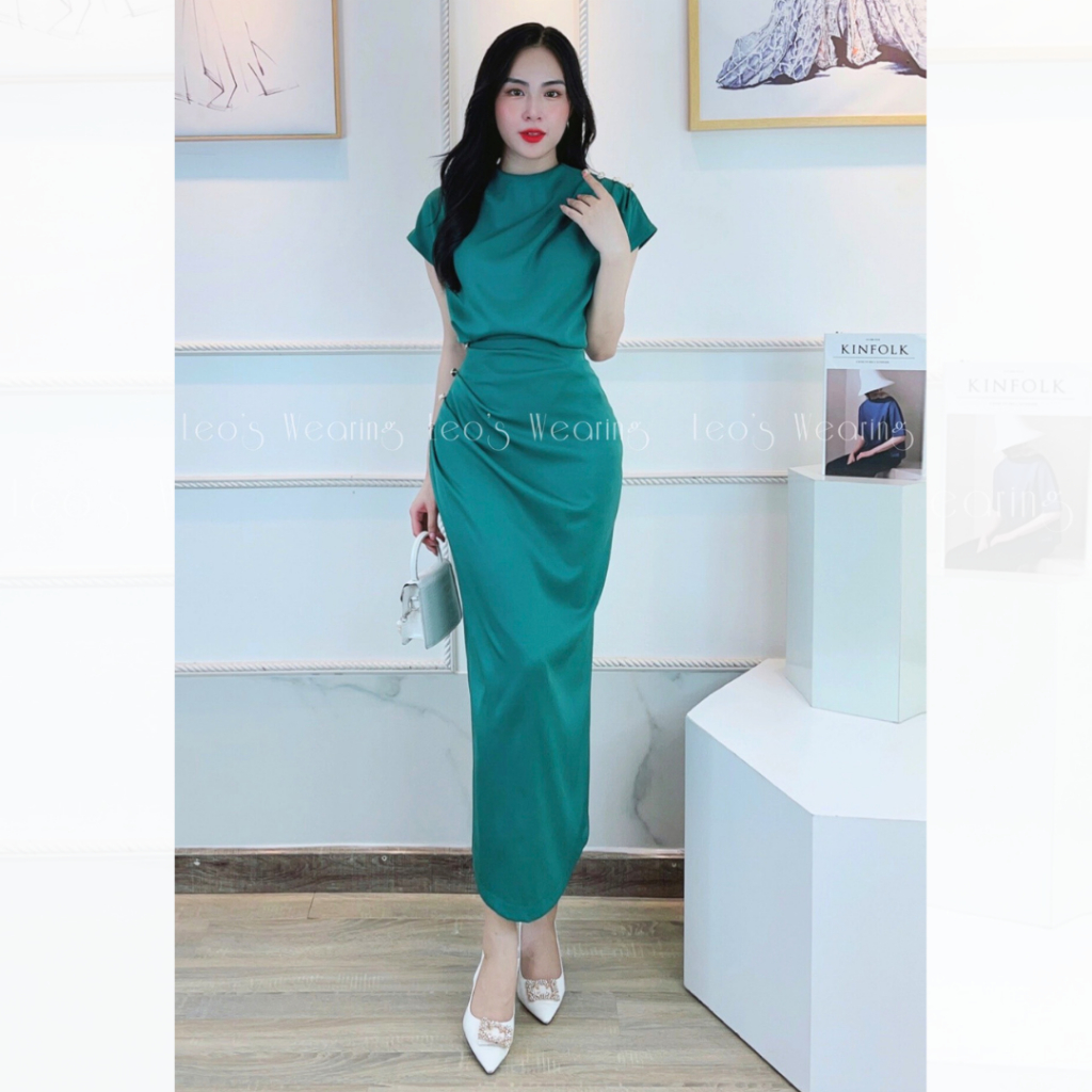 Set váy dáng dài sang chảnh LEOSWEARING chân váy suông xẻ tà sau mix áo cổ tròn nhún vai váy dự tiệc xanh cổ vịt A480
