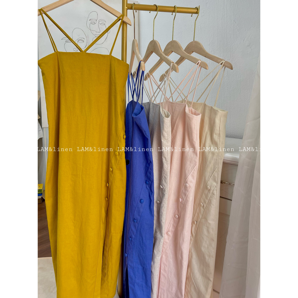 Váy suông 2 dây xẻ tà nút bọc chất liệu Linen