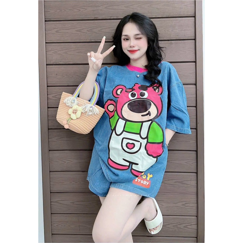 Set Bộ Jean Đùi Cổ Tròn Viền Gấu Dâu Tay Lở QC Cao Cấp - LLShop