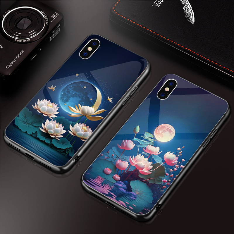 Ốp Điện Thoại Mặt Kính Cường Lực hoa sen Cho iphone 13 XR XS max 14 pro max 12 mini 11 Pro max 8 plus 7 6 6s X k409