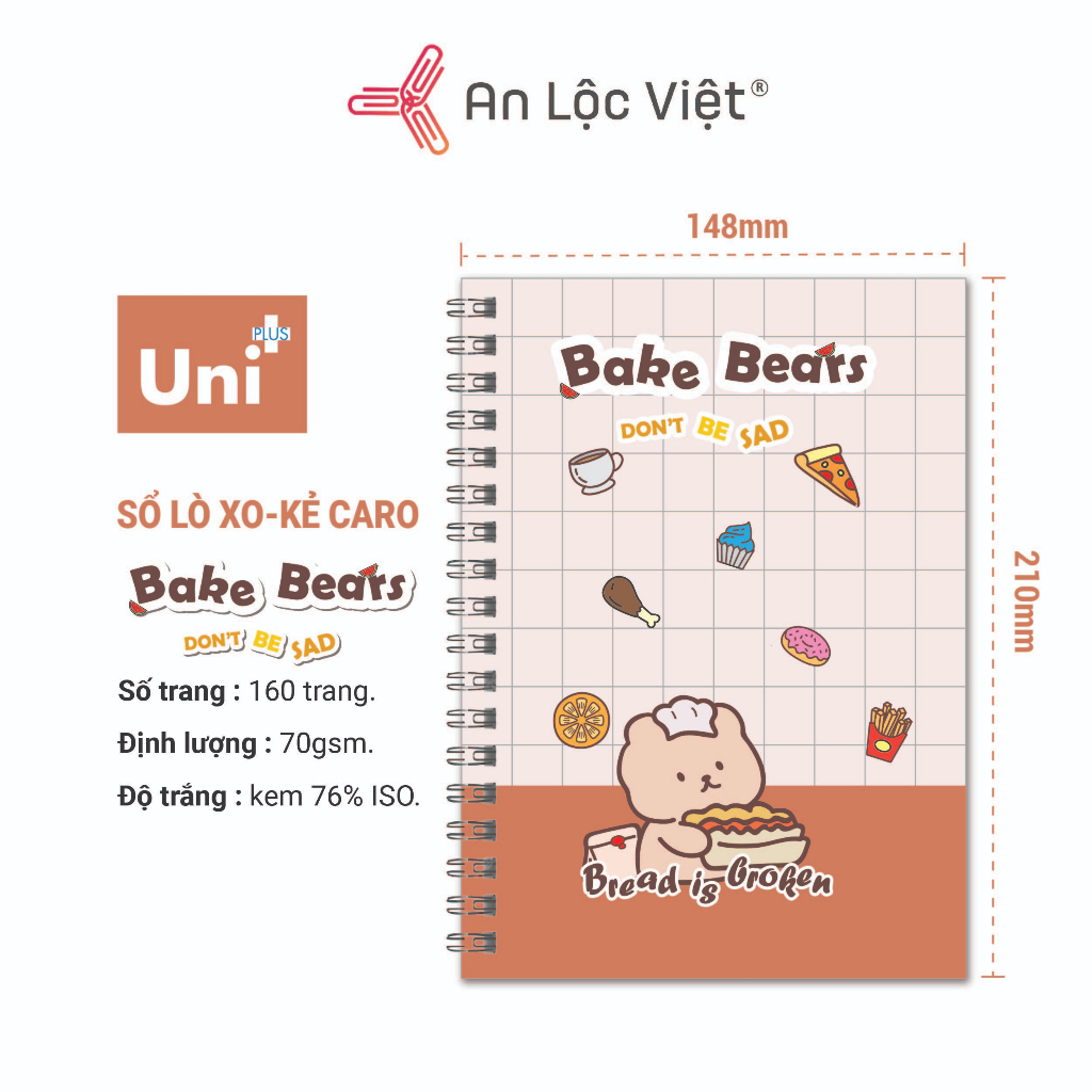 Sổ lò xo A5 160 trang kem kẻ caro, bìa cute dễ thương, giấy định lượng 70gsm, màu kem chống lóa mắt