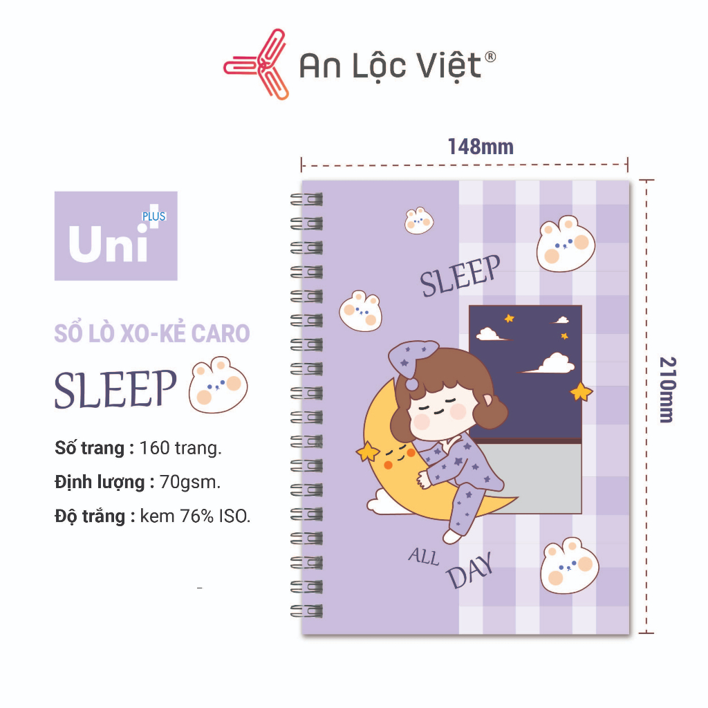 Sổ lò xo A5 160 trang kem kẻ caro, bìa cute dễ thương, giấy định lượng 70gsm, màu kem chống lóa mắt
