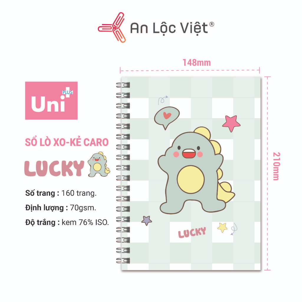 Sổ lò xo A5 160 trang kem kẻ caro, bìa cute dễ thương, giấy định lượng 70gsm, màu kem chống lóa mắt