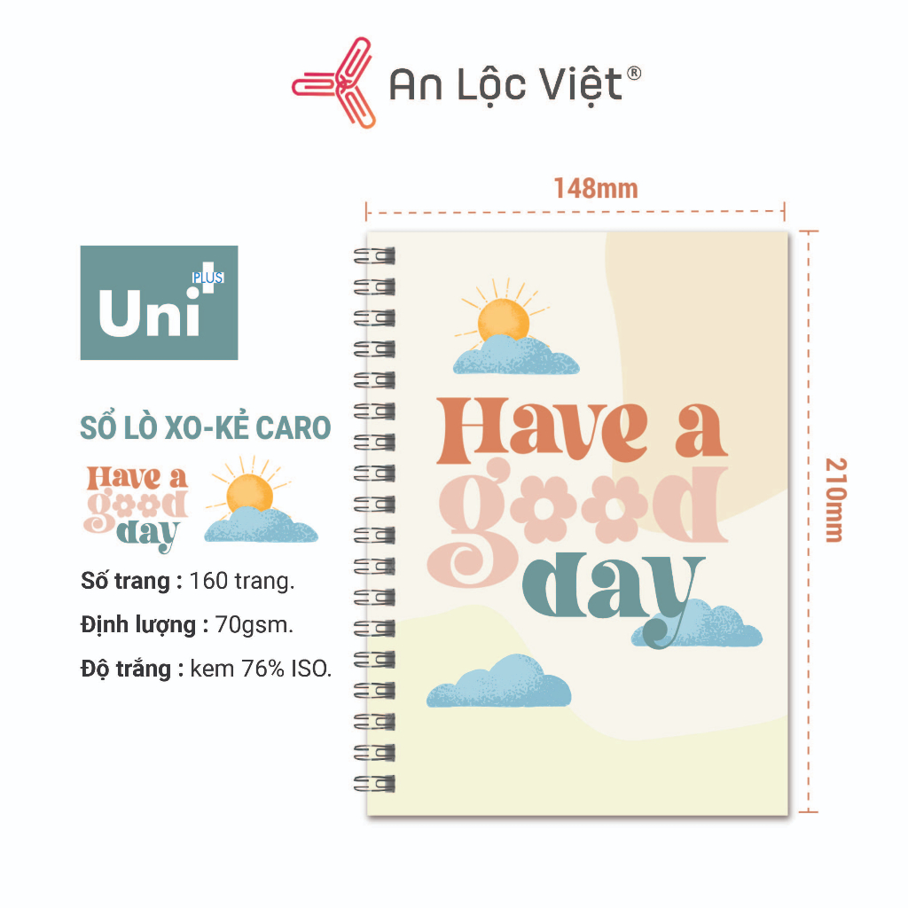 Sổ lò xo A5 160 trang kem kẻ caro, bìa cute dễ thương, giấy định lượng 70gsm, màu kem chống lóa mắt