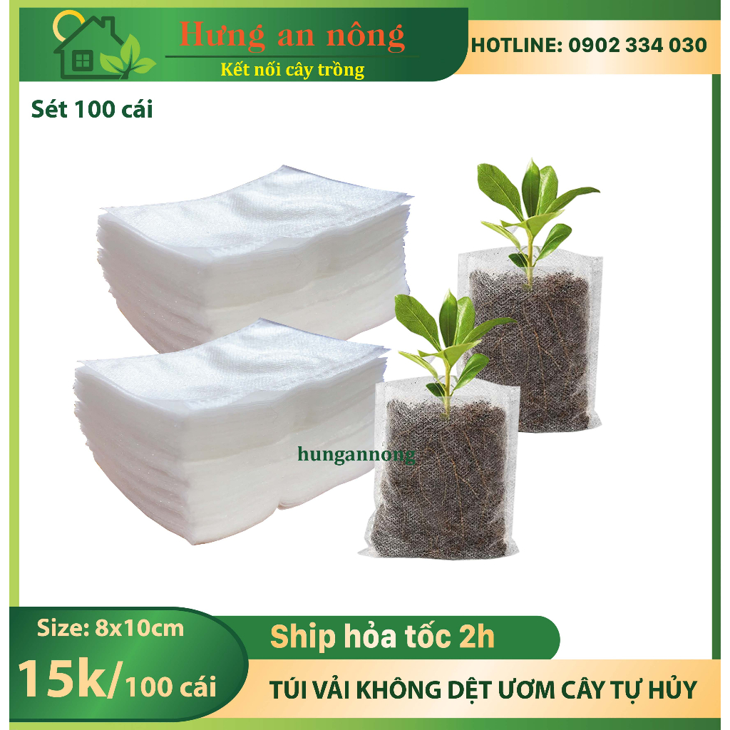 500 túi vải không dệt tự hủy, ươm trồng tiện lợi size 8x10cm