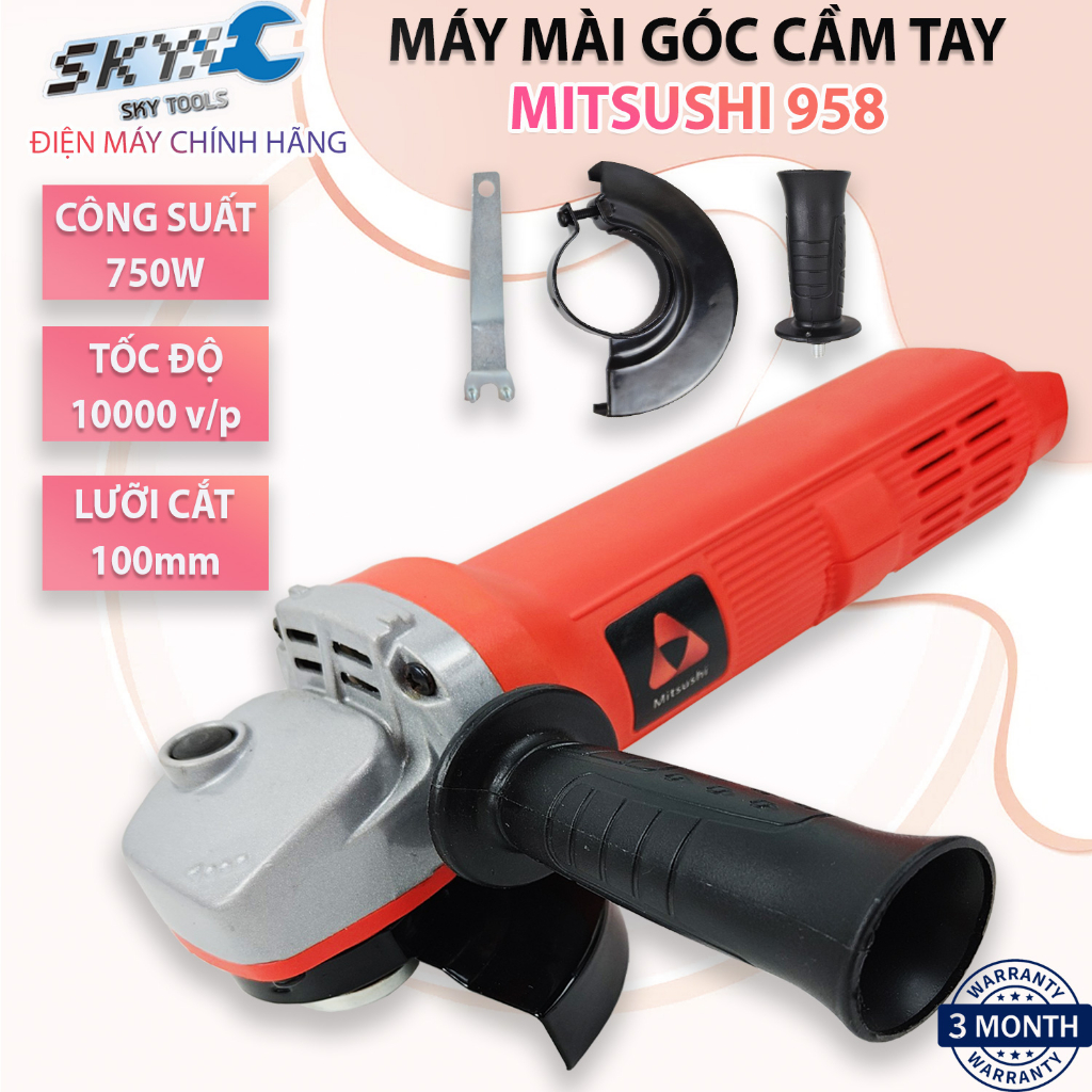 MÁY MÀI GÓC CẦM TAY LÕI ĐỒNG 750W, LƯỠI 100. BẢO HÀNH CHÍNH HÃNG 3 THÁNG. MITSUSHI 958