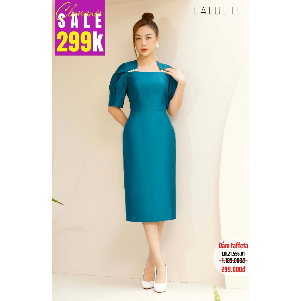 Đầm tiệc dáng A LALULILL đứng ngực đính trai taffeta xanh mòng két LDL2155601