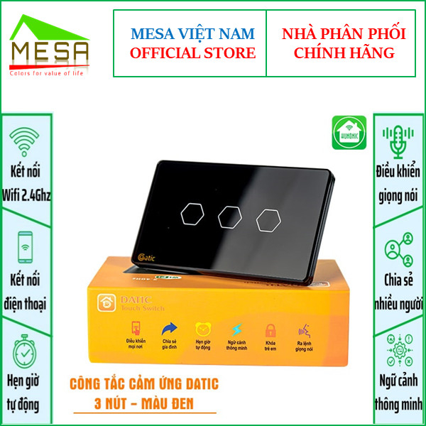 Công tắc thông minh Hunonic Datic 3 nút kết nối Wifi điều khiển mọi thiết bị từ xa qua điện thoại, 2 màu đen và trắng