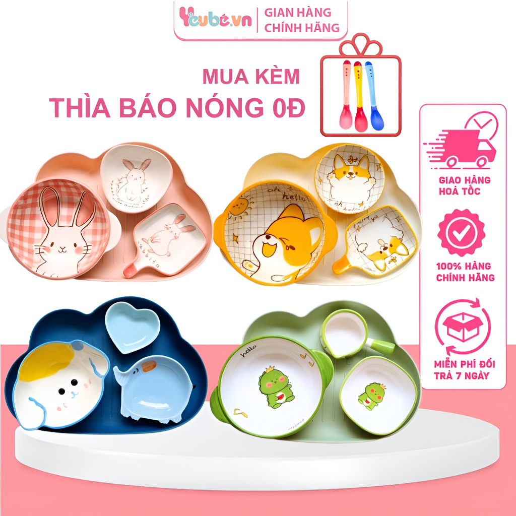 Combo Bát Ăn Dặm Cho Bé Kiểu Nhật YEUBEVN Chén Ăn Dặm Độ Tuổi Từ 6 Tháng Tuổi Hình Dễ Thương Kèm Khay