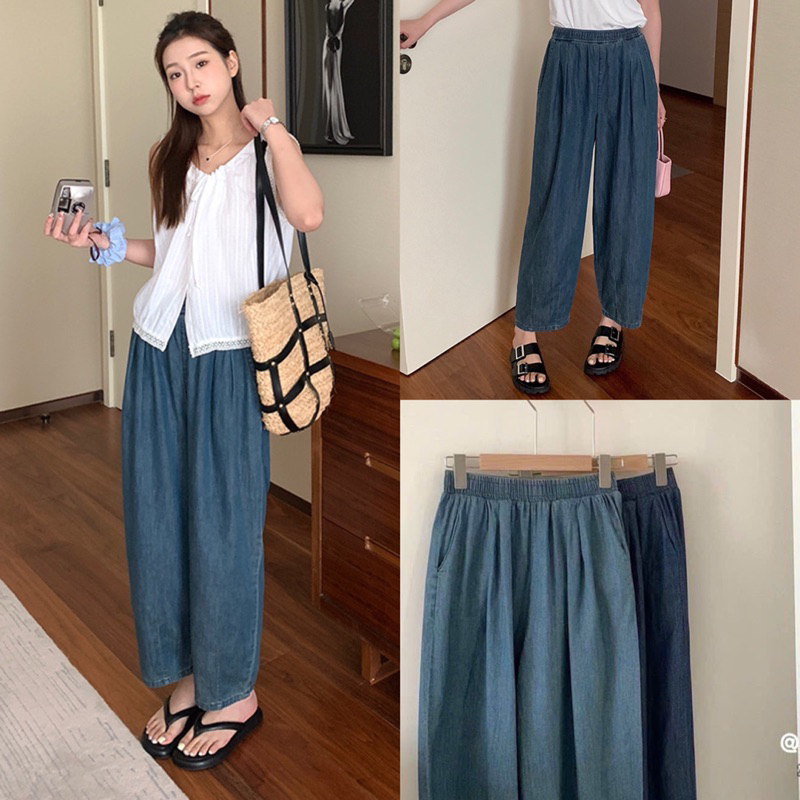 Quần jeans nữ ống rộng lưng chun quần bò baggy dáng suông cạp cao phong cách Hàn quốc