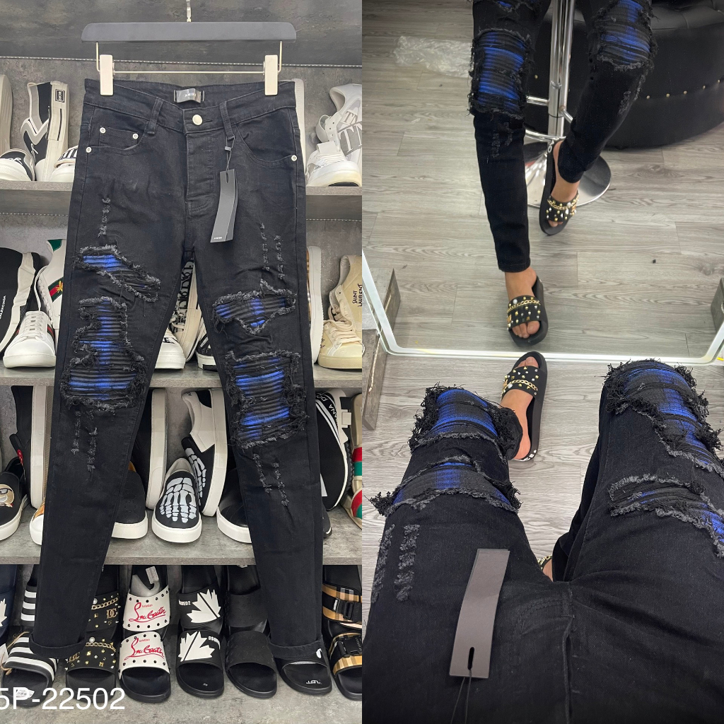 Quần jean bò nam Amiri slimfit đen rách to dọc đùi vá vải nhăn kẻ sọc xanh đen 4 cúc chữ cao cấp QJ275P