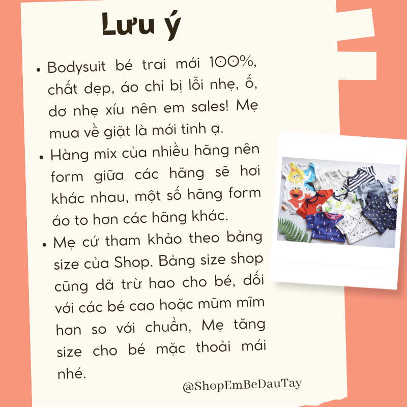 Bodysuit bé trai các hãng xuất dư xịn 3M-24M , Bodychip / Body tam giác / Áo liền quần sơ sinh