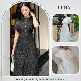 Đầm ren 2 lớp dáng a tay bồng nút ngọc LENA, dự tiệc tiểu thư sang trọng - D3008