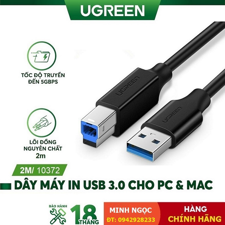 Dây cáp máy in USB 3.0AM sang BM đầu mạ vàng dài 2m chính hãng Ugreen 10372 US210 - Bảo hành 18 tháng