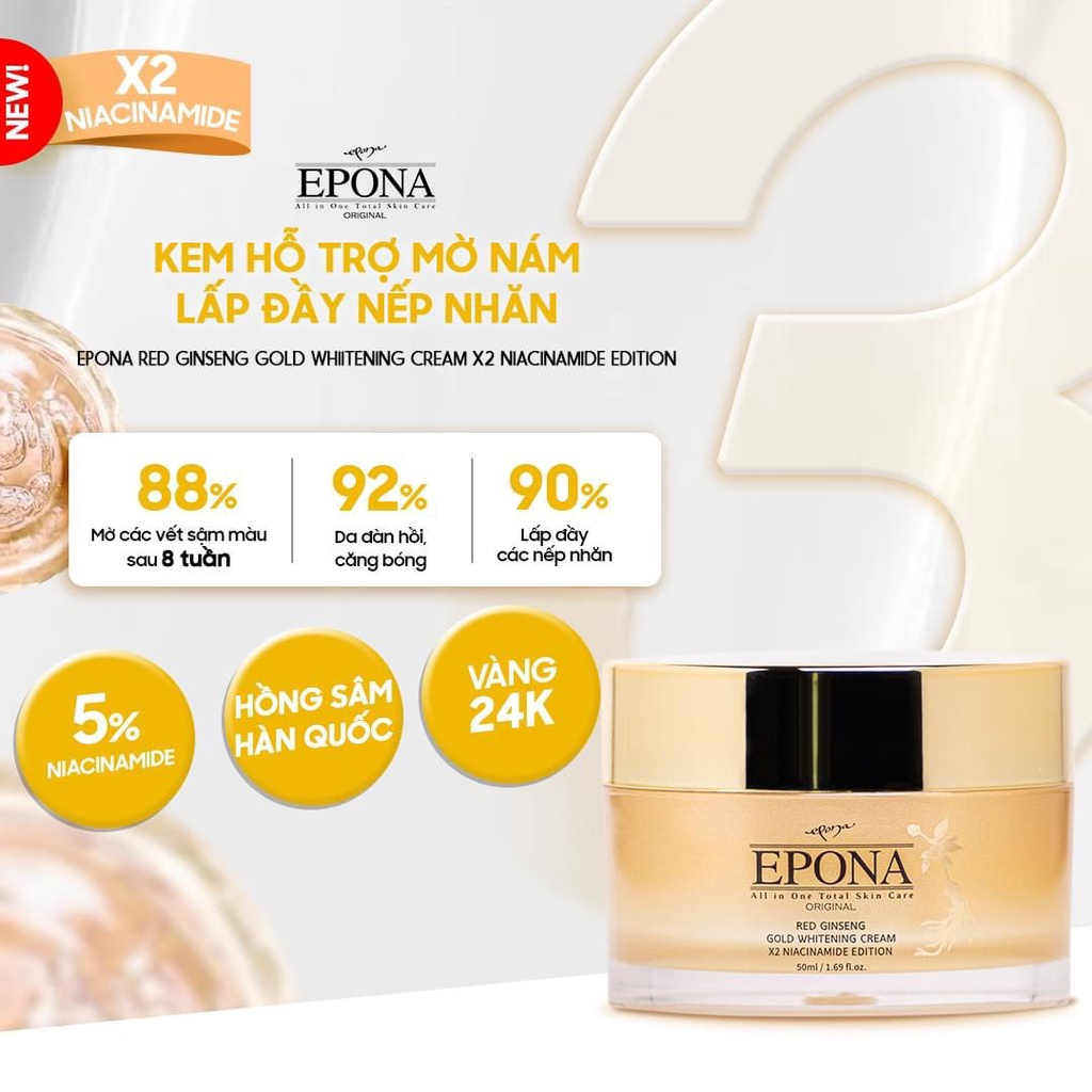 Kem dưỡng Epona Red Ginseng Gold Whitening Cream xoá mờ thâm nám, làm giảm nếp nhăn chiết xuất hồng sâm 50ml