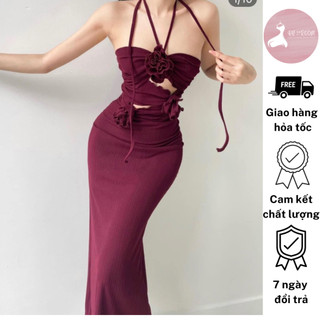 D16 đầm body đính hoa dáng dài, đầm body cổ yếm tôn dáng