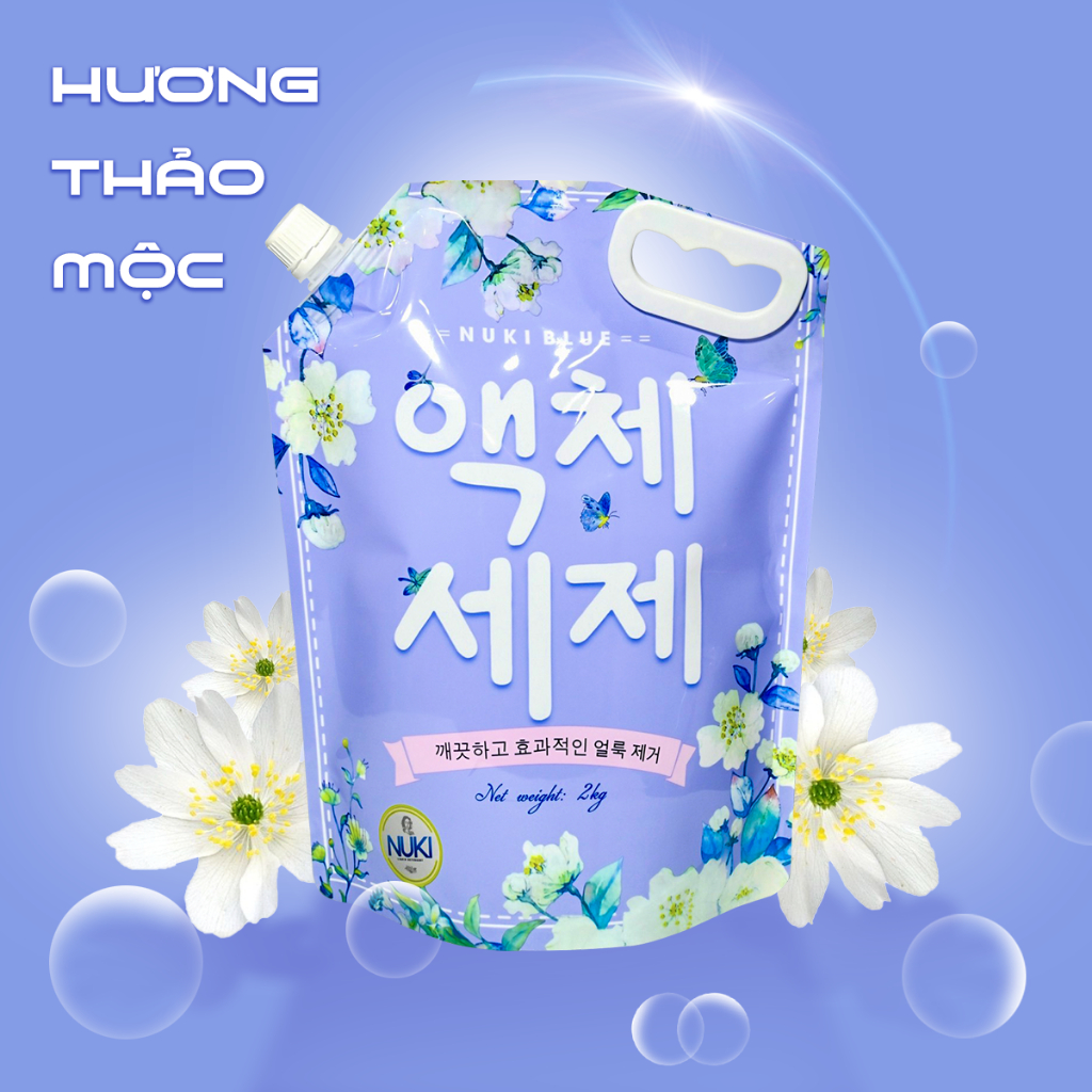 Combo 2 Túi Nước Giặt Hàn Quốc Chính Hãng Thương Hiệu Nuki Blue 2kg Hương Thơm Dịu Nhẹ,Mềm Vải