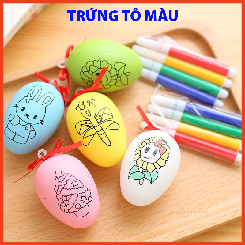 Trứng tô màu cho bé tô vẽ sản phẩm tặng kèm 4 bút màu, trứng phục sinh rèn luyện khả năng tập trung cho bé