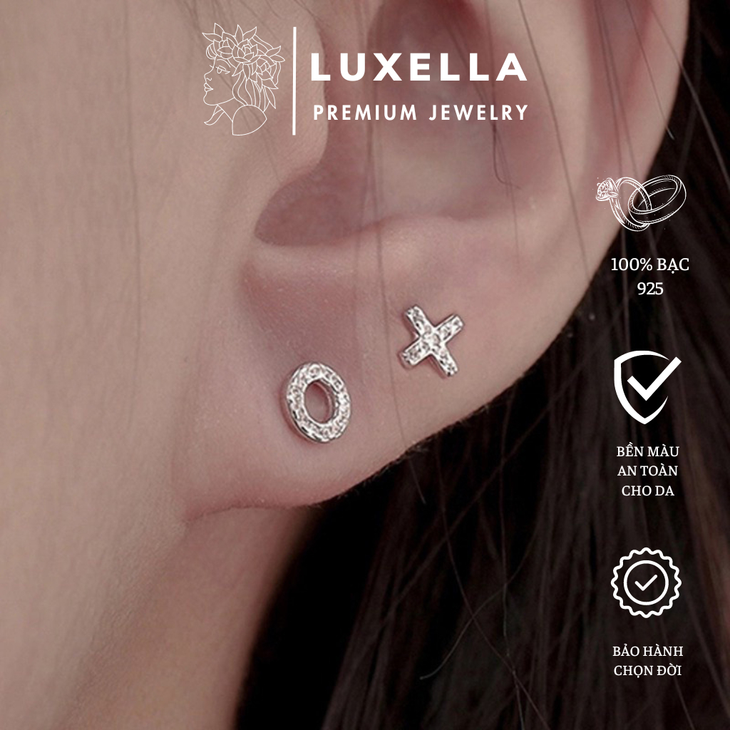 Khuyên tai bạc nữ hình chữ X, O nạm đá mini cá tính LUXELLA JEWELRY Lux050