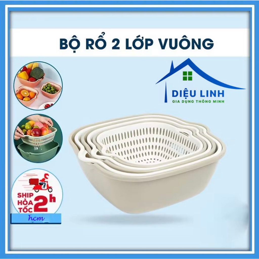 Bộ rổ vuông 2 lớp Việt Nhật - Bộ rổ kèm chậu hứng nước rửa rau củ quả tiện lợi dieulinhshop