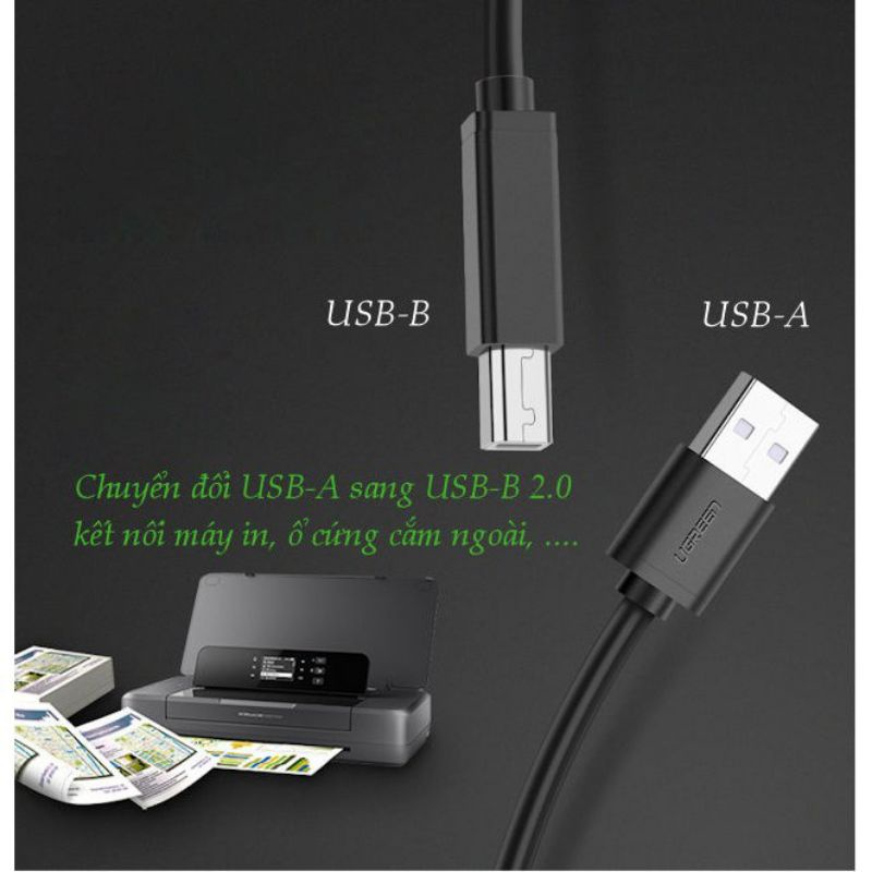 Dây cáp máy in USB 2.0 dài 1,5m đến 5m UGREEN 10845 US104 - Hàng Chính Hãng