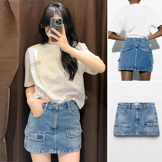 Chân váy bò túi hộp xuất dư ZR cho nữ, Chân váy jeans túi hộp màu nhạt cho nữ