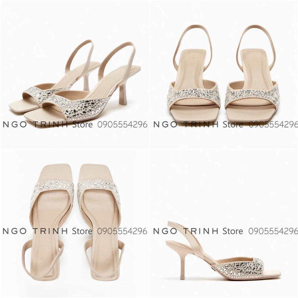Giày zara xuất xịn mũi vuông gót nhọn đính đá cao 4-5cm Fullbox