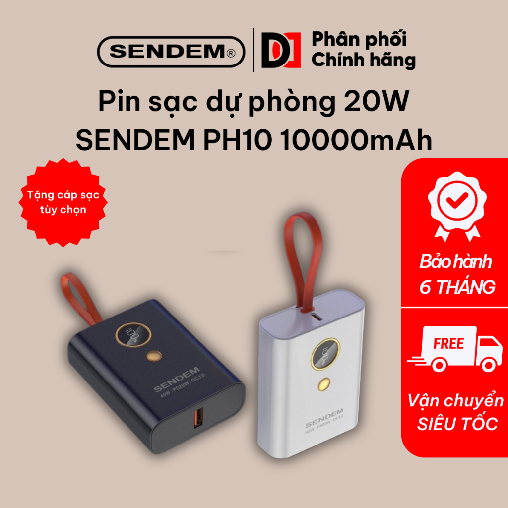 Sạc dự phòng pin 10000mAh SENDEM PH10 tích hợp dây sạc type c cho nhiều thiết bị