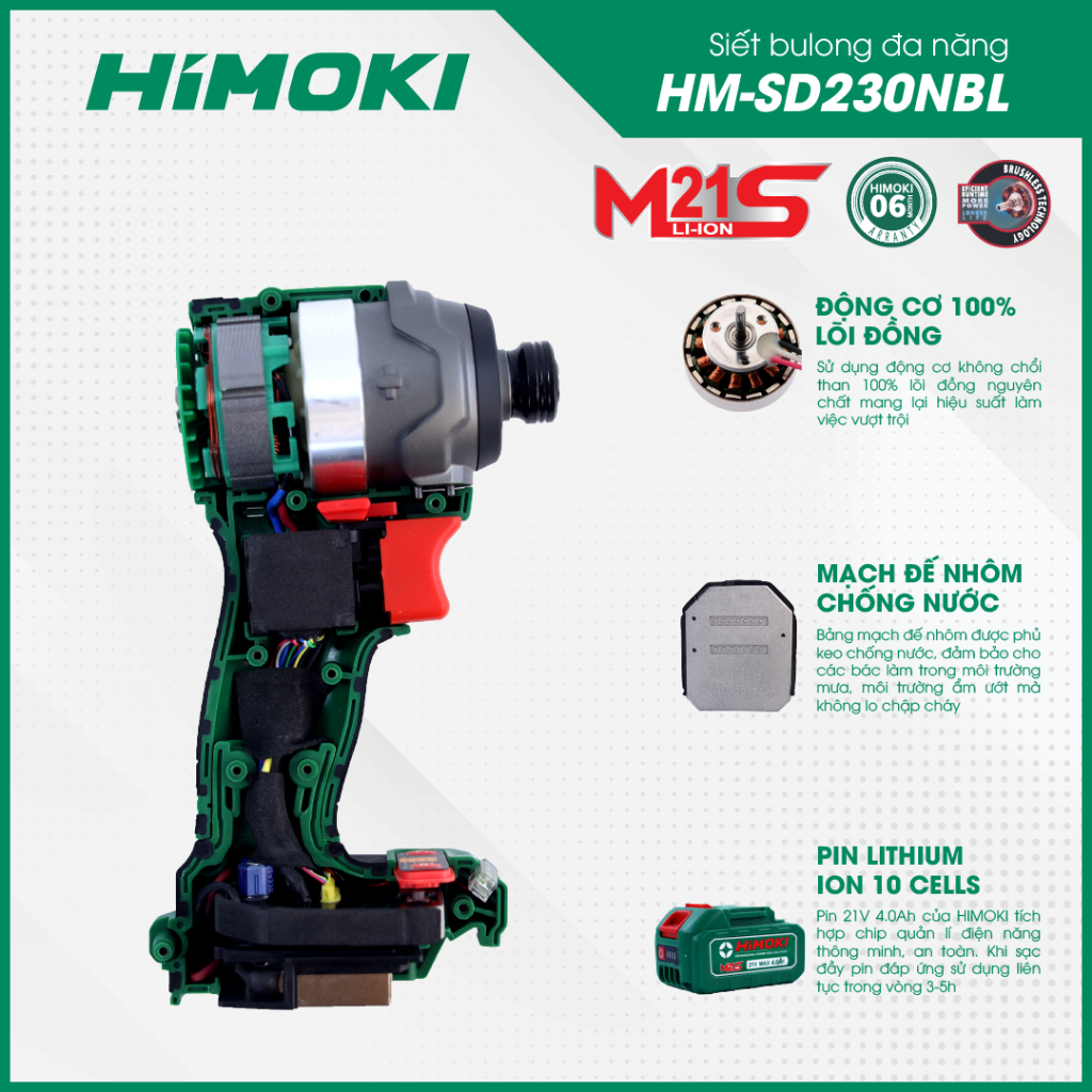 Thân chuyên vít Himoki HM-SD230NBL Điều tốc 4 cấp và 4 Chế độ Thông minh-Brushless Motor - Chân phổ thông - 2 Pin 21V/4A