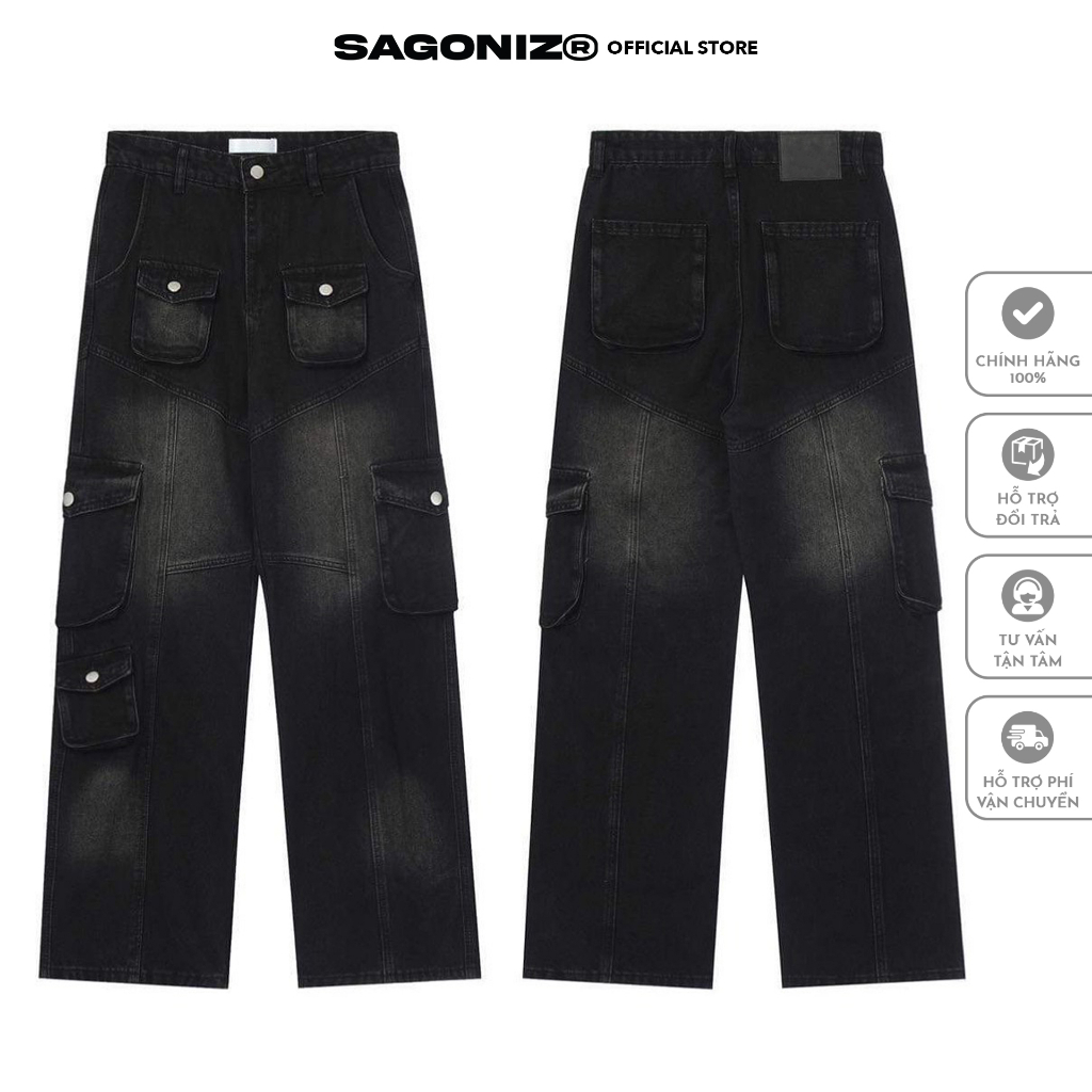 Quần Jean Túi Hộp Nổi SAGONIZ - ĐEN Nam Nữ Form Rộng, thoải mái vận động, phù hợp nhiều phong cách