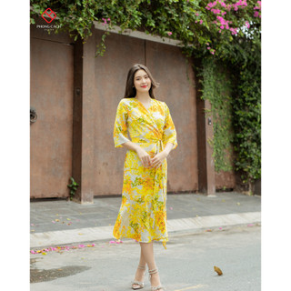 Đầm họa tiết cổ V đuôi cá kiểu đắp chéo cột eo SD1472 - Phong Cách SAIGON