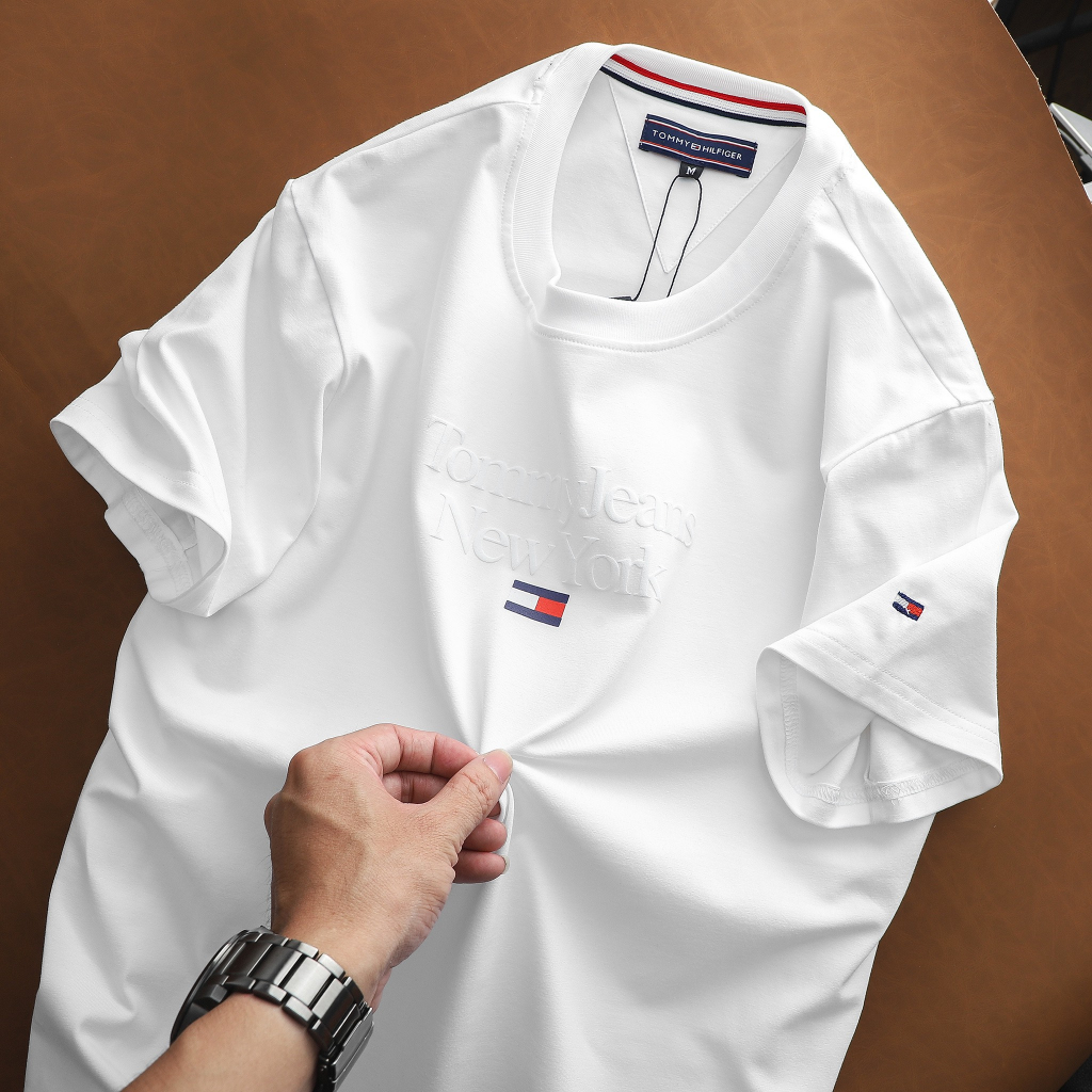 Áo thun ngắn tay cổ tròn cotton 2 chiều T--o-m----m--y- in phồng sắc nét chính phẩm tay thêu logo