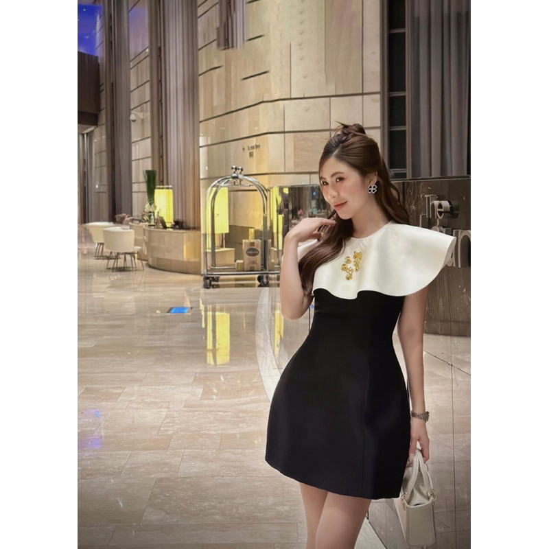 Đầm cổ tầng kết hạt dáng ngắn đơn giản chất liệu tafta sang trọng BIGSIZE
