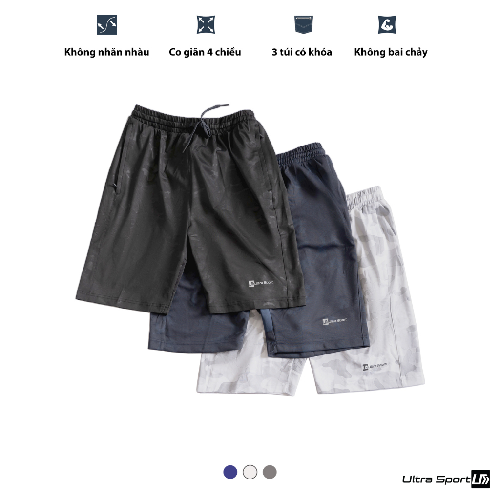 Quần đùi/ short thể thao nam Ultra Sport chất thun co giãn, hoạt tiết camo, 3 túi khoá