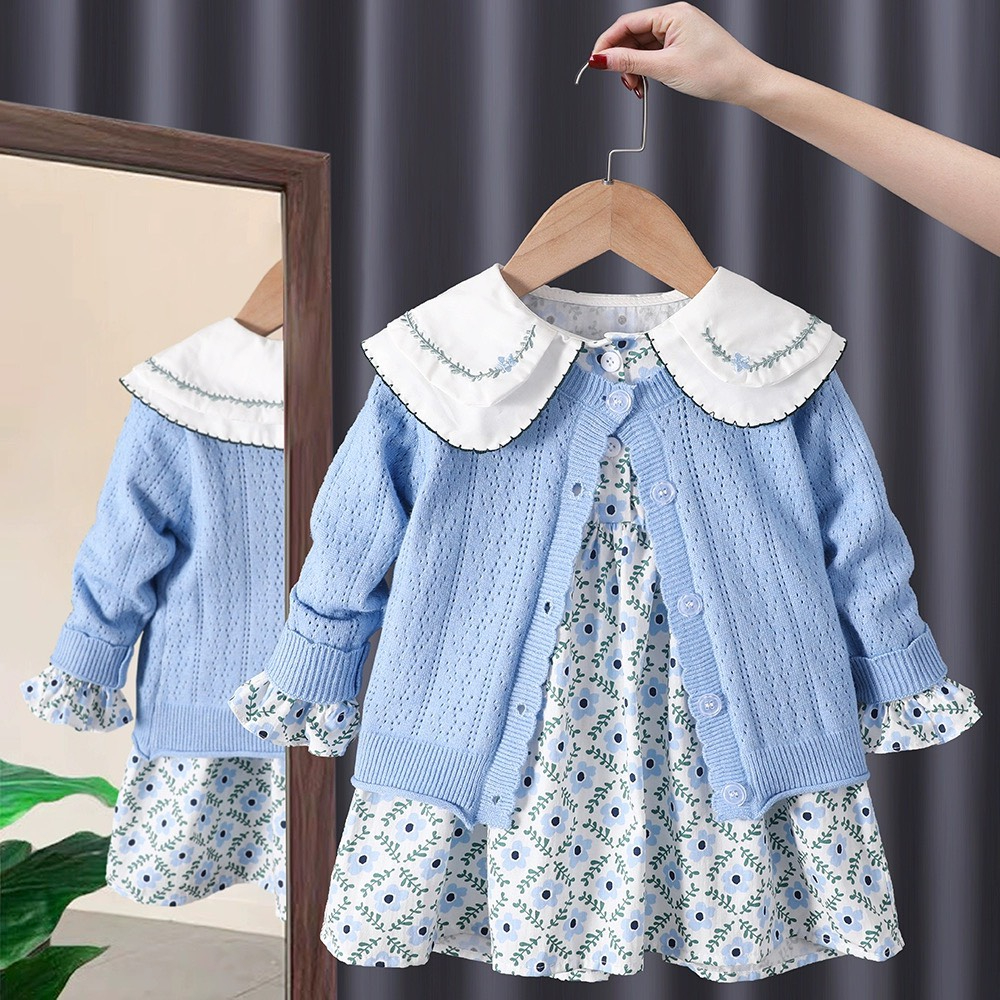 (ORDER) Bộ áo khoác len cardigan màu xanh + Váy hoa nhí dài tay màu xanh dương đáng yêu thu đông cho bé gái